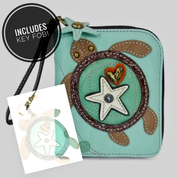 CHALA, 8 Slot, Sea Turtle, Zip Around Wallet, Wristlet, Coin Purse, Blue, Green - Picture 1 of 14